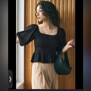 Black Smocked Peplum Puff Sleeve Blouse
